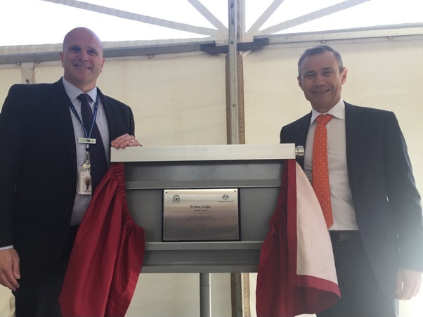 Minister for Health Roger Cook (right) unveils the plaque at the new Protea Lodge along with Midwest Regional Director Jeff Calver