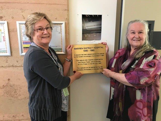 A/District Mgr, Warren Health Service Sally Towie (left) pictured with Community Health Manager Heather Dixon celebrating the relocation of the time capsule at the Warren Health Service
