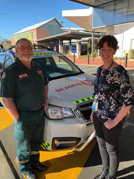 Stroke Week 2018: South West stroke patients are getting faster access to expert care thanks to a partnership between St John Ambulance and WA Country Health. Here SJA Donnybrook Community Paramedic Ken Hart and WACHS South West A/Stroke Coordinator Michaela Eaton discuss the alliance at Bunbury Health Campus.