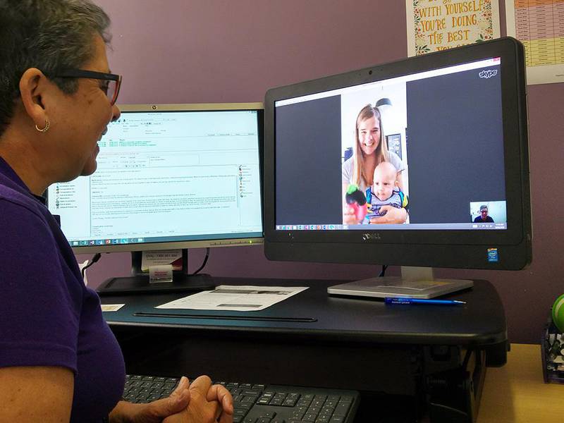 Cowaramup mum Claire Hubbard (onscreen) used telehealth technology on her home computer to speak to Diabetes WA educator June Lee, to learn how to control her gestational diabetes while she was pregnant with baby Coby.