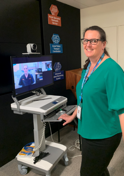 Clinical Nurse Jill Maitland on screen with Command Centre Director Donna Rogers.