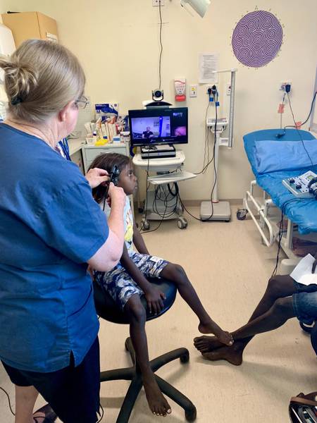 Jenny and Letizah video otoscopy at Kimberley TeleENT clinic.