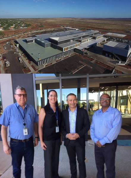 Top: Bird's eye view of Karratha Health Campus. Bottom left to right: Director Projects Paul Aylward, Regional Director Margi Faulkner, Minister for Health Roger Cook and Member for Pilbara Kevin Michel.