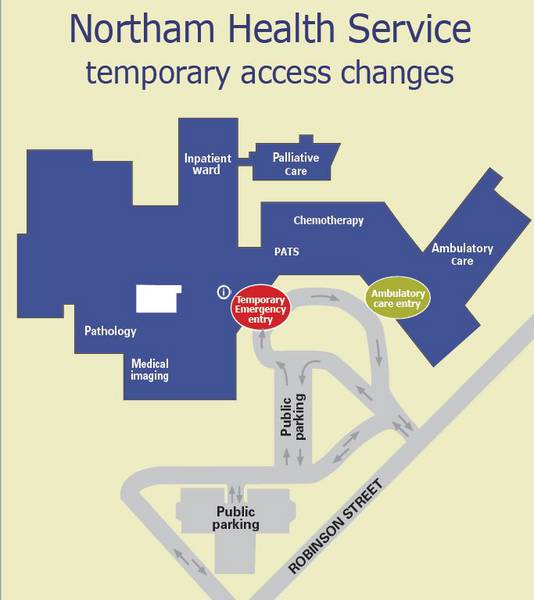 Northam Hospital's temporarily relocated Emergency Department wayfinding map.