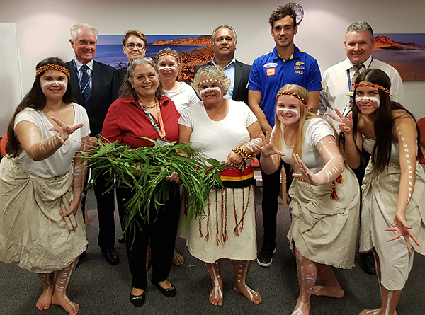 Above: Dancers from Middar Yorga Dance Troupe with Milly Penny, Barry McGuire, West Coast Eagles player Brendon Ah Chee, Board members Michael Hardy and Mary Ann Stephens, and Chief Executive Jeff Moffet.