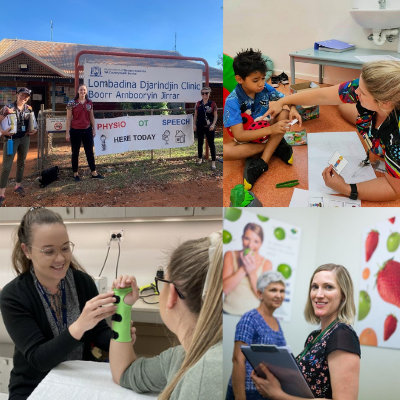 Collage of allied health professionals. Top left: group standing outside Lambadina clinic, top right; speech pathologist consulting with child, bottom right: dietician with clipboard, bottom left: physiotherapist working on patient's arm.