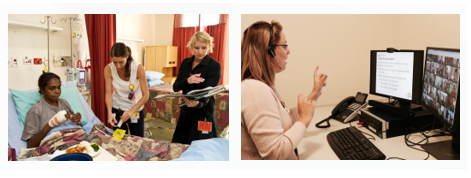 Collage of allied health professionals. Left: physiotherapist talking to patient, right: occupational therapist talking to patients via telehealth.