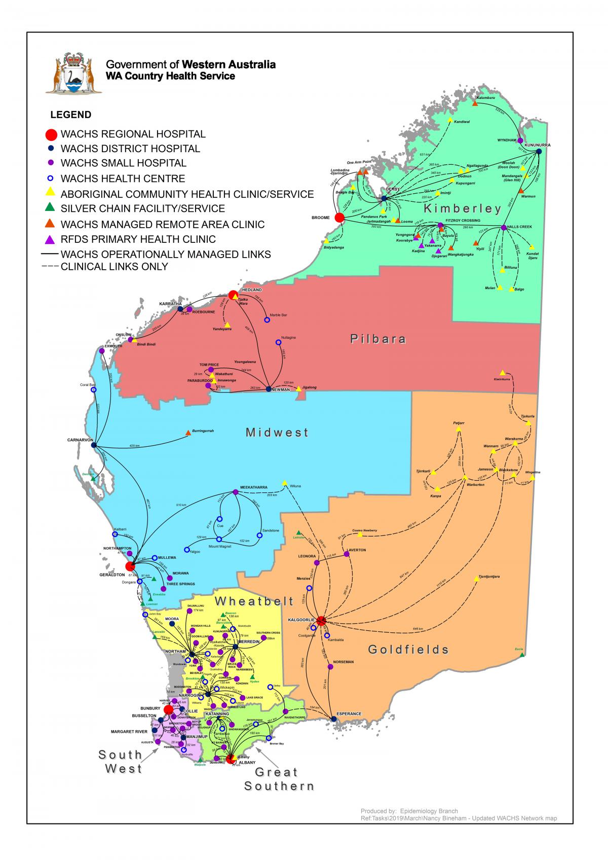 Map of all regions in WA including Kimberley, Pilbara, Midwest, Goldfields, Wheatbelt, Great Southern and South West.